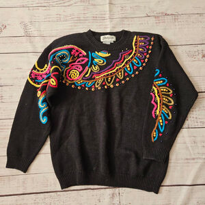 Vintage Statements By Pronto Abstract Retro Embroidered Neon Black Knit Sweater